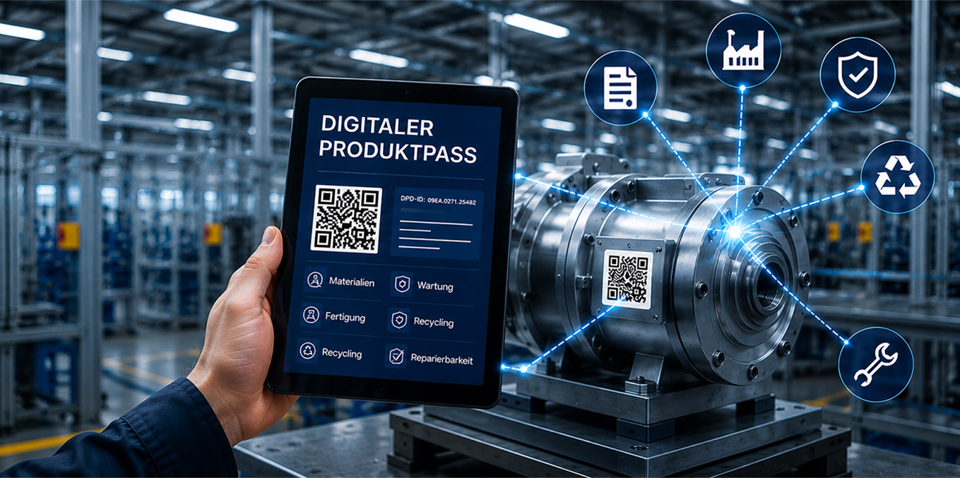 Titelbild zeigt eine Maschine mit QR Code um den digitalen Produktpass auszulesen